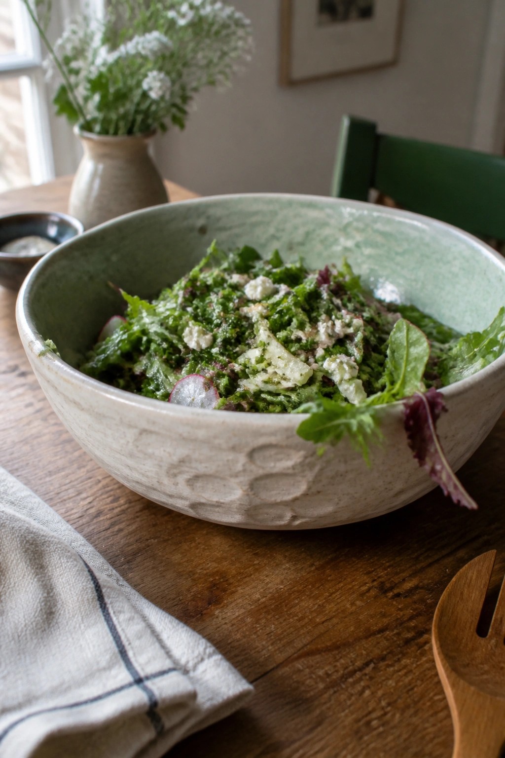Mixed green salad with cheese in rustic ceramic bowl on wooden table