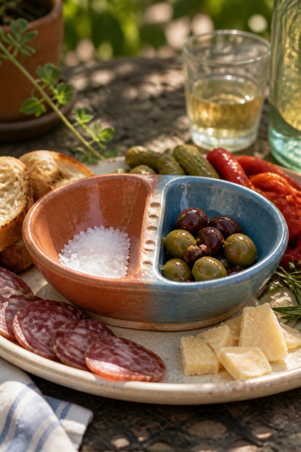 A two-section ceramic bowl with orange and blue glazes sits on a plate with olives in one side and salt in the other, surrounded by cured meat, cheese, bread, and pickles.