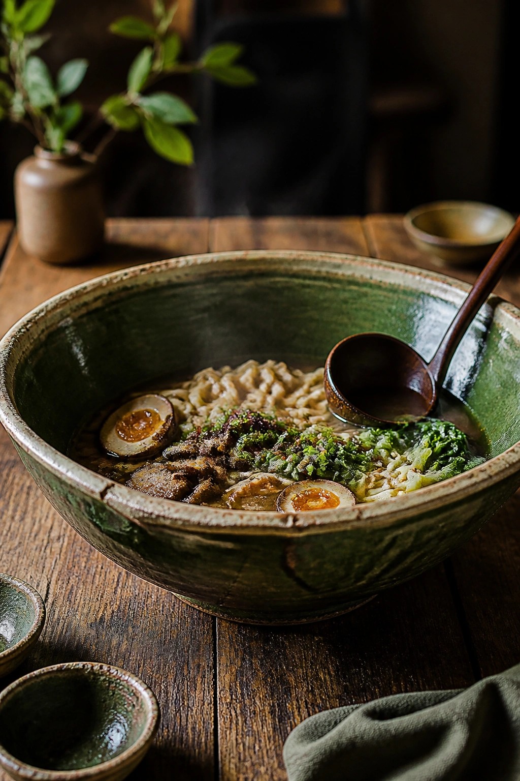 Steaming ramen in green ceramic bowl with eggs, meat, greens, and wooden spoon.