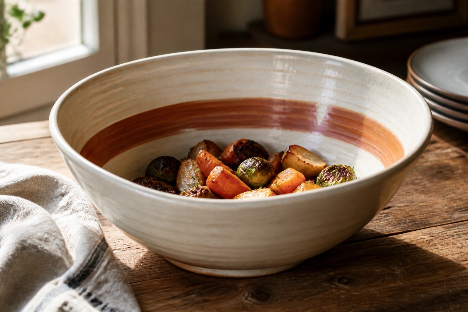 Cream ceramic bowl of roasted Brussels sprouts on wooden table with linen cloth.