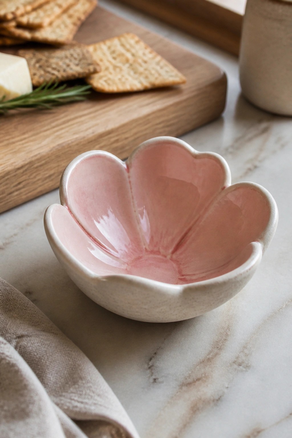 Pink scalloped ceramic bowl on marble near wooden board with crackers and cheese