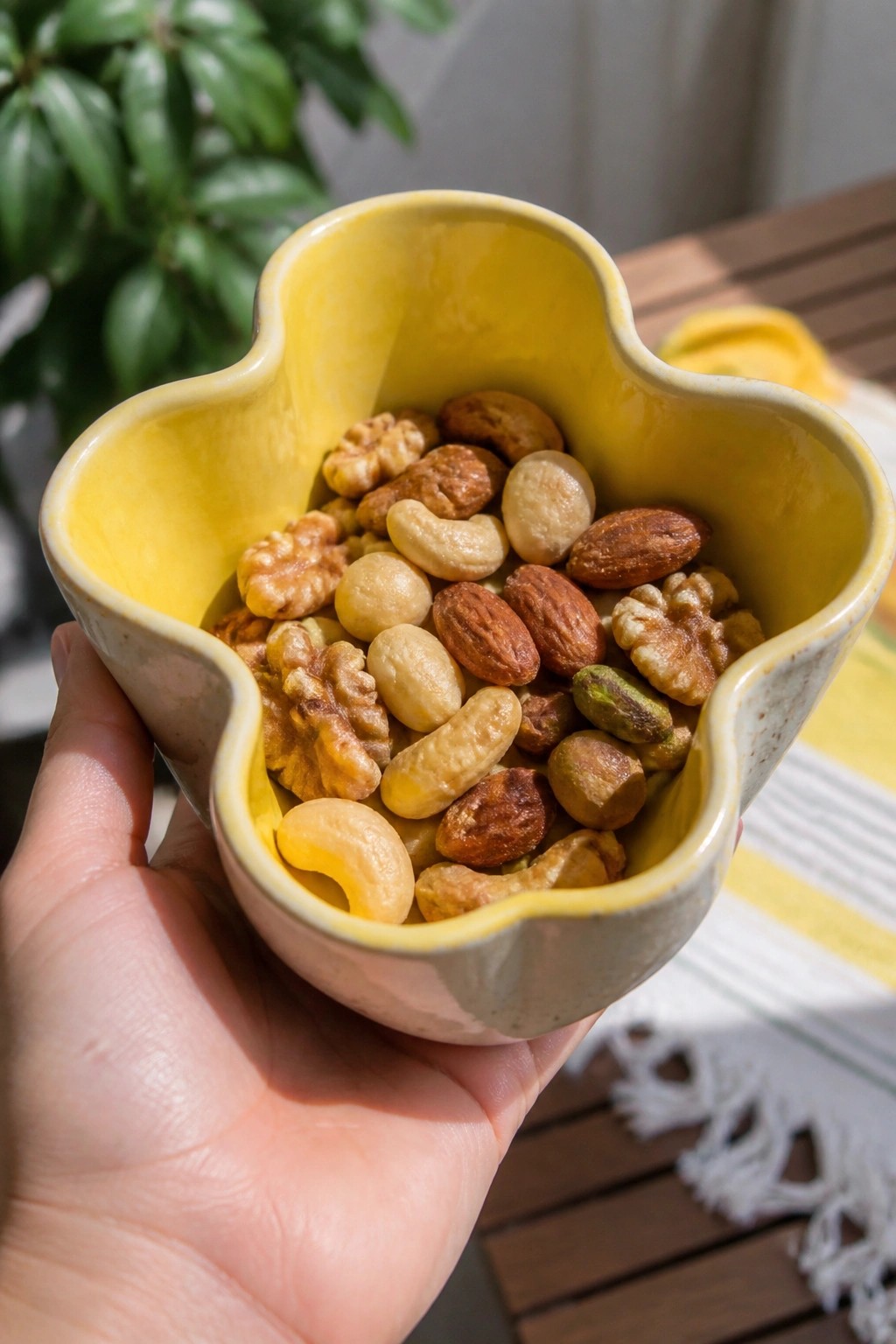 Hand holding yellow flower-shaped bowl filled with mixed walnuts, almonds and cashews