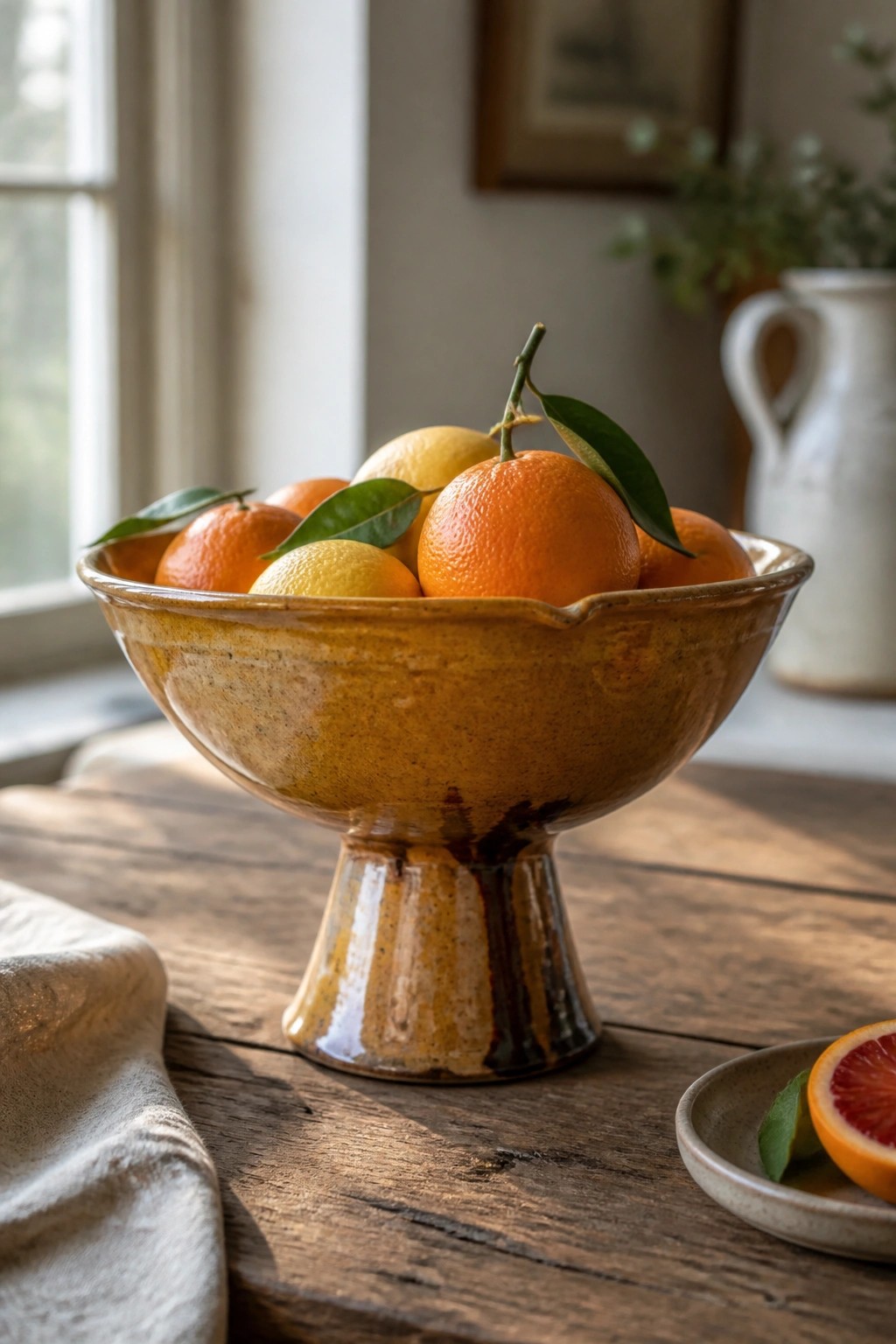 Ceramic pedestal bowl of oranges and lemons on rustic wooden table with citrus slice.
