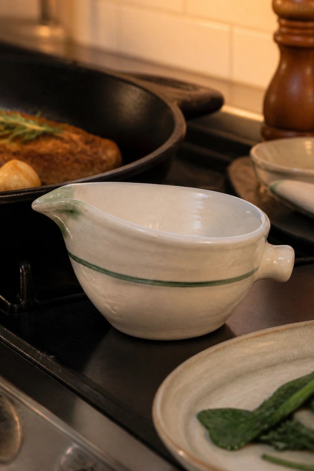 White ceramic sauce boat with green stripe near cast iron skillet with seared meat