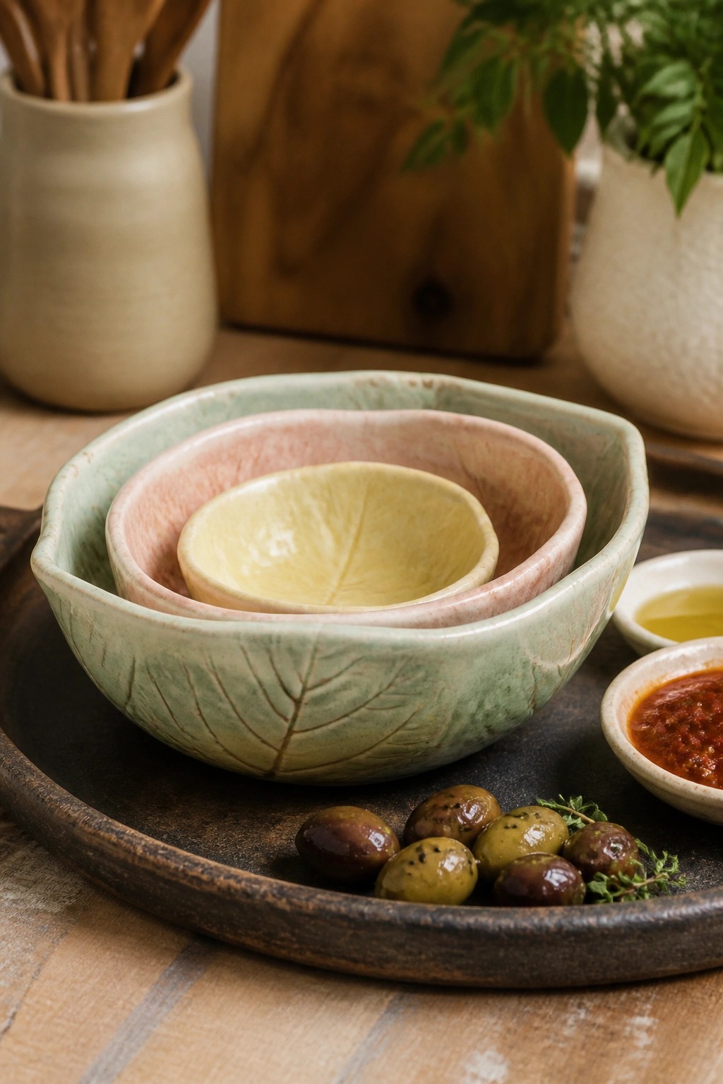 Nested ceramic bowls with leaf designs beside olives and sauces on wooden tray