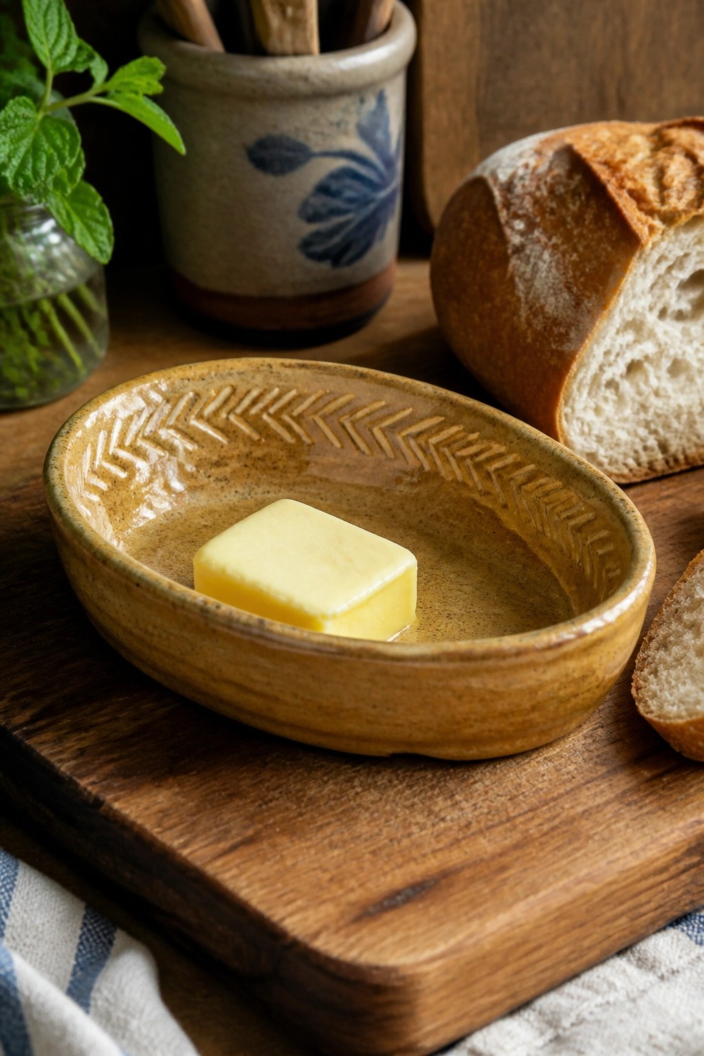 Butter pat in patterned brown ceramic bowl beside bread on wooden board