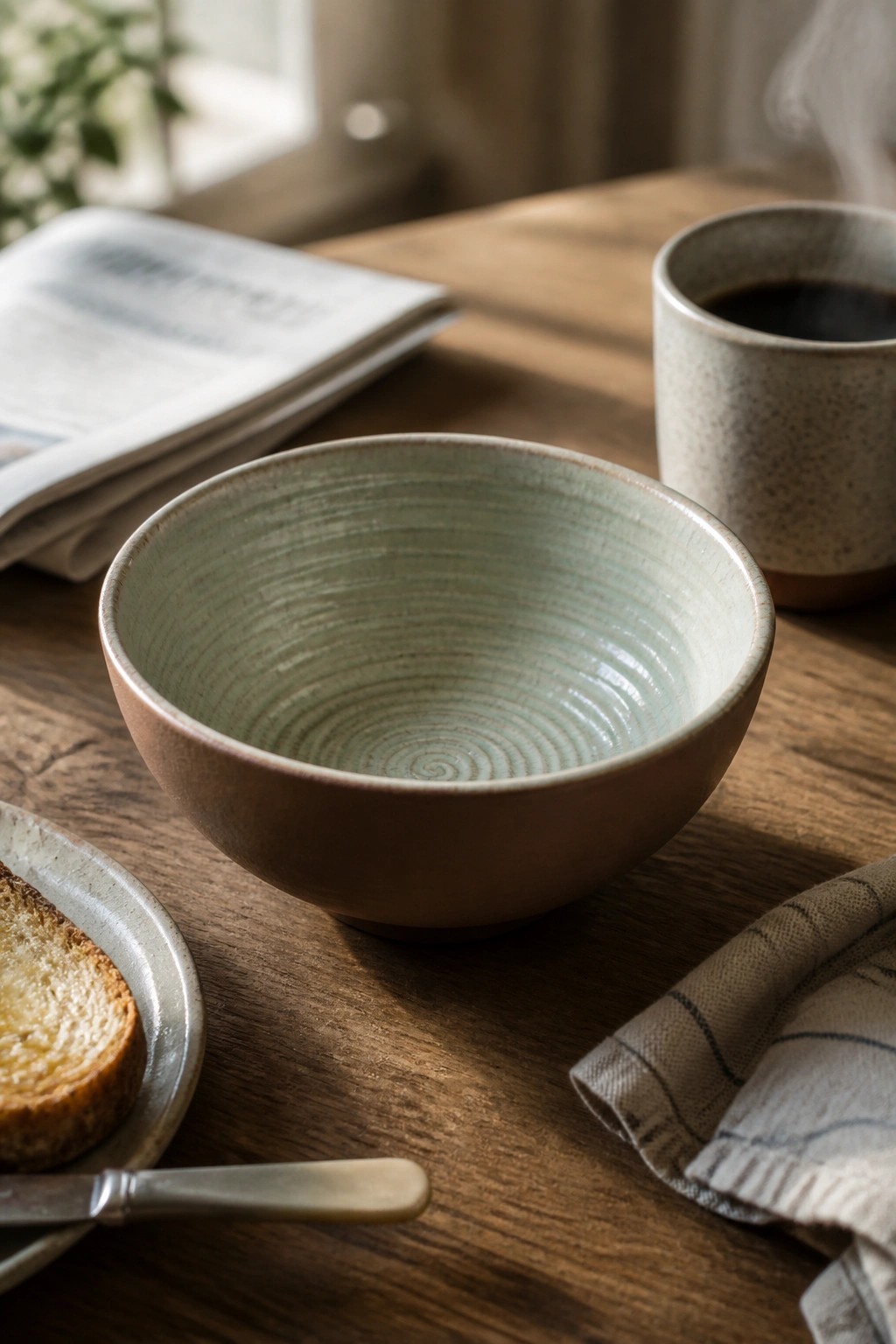 Ceramic bowl beside steaming coffee, newspaper, and toast on wooden breakfast table