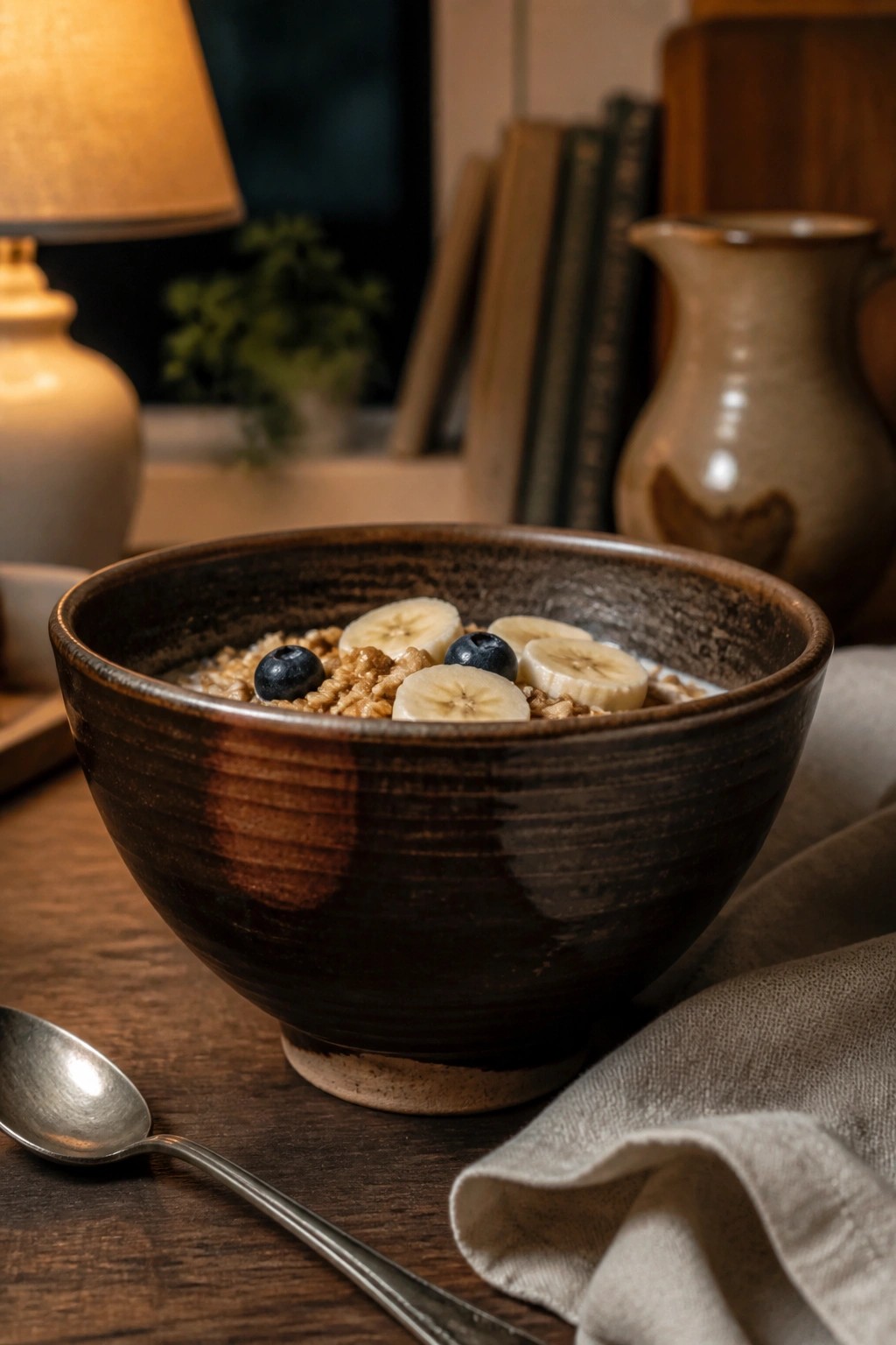 Brown bowl of cereal with banana slices and blueberries beside metal spoon on table