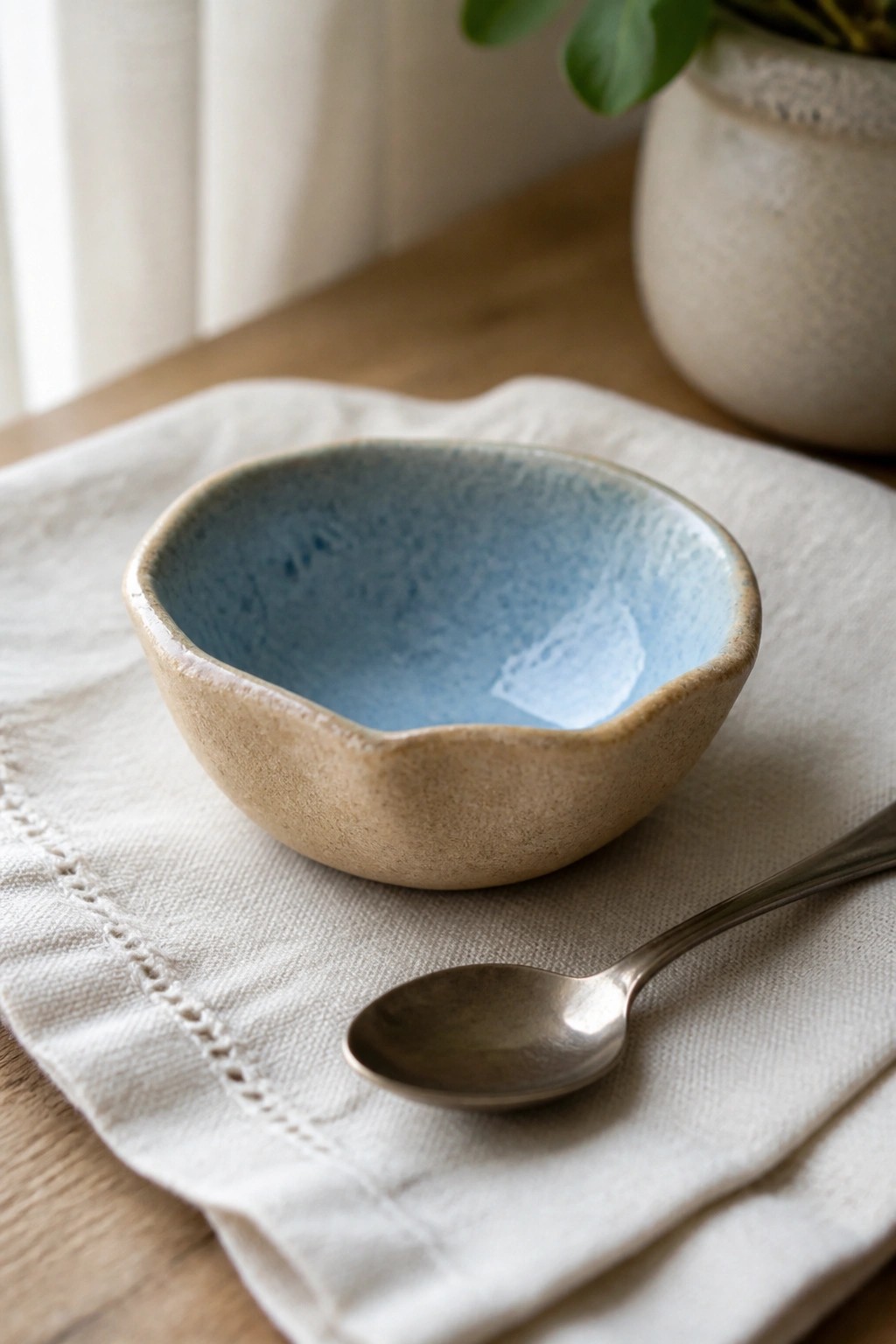 Blue ceramic bowl on white linen napkin beside metal spoon on wooden table