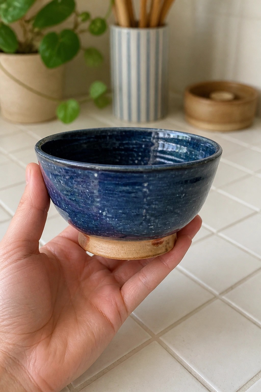 Hand holding a speckled blue ceramic bowl with beige base over white tiles