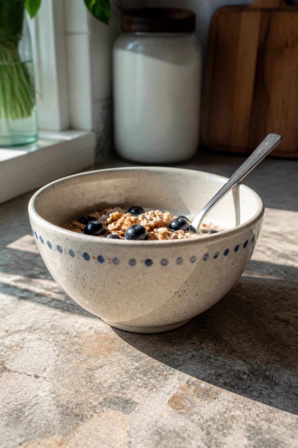 Cream bowl with blue dots holding oatmeal, blueberries, and spoon on counter.