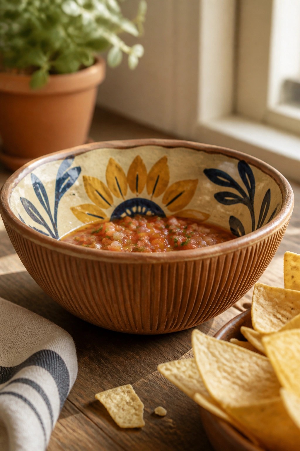 Rustic sunflower-patterned bowl of salsa beside tortilla chips on wooden table