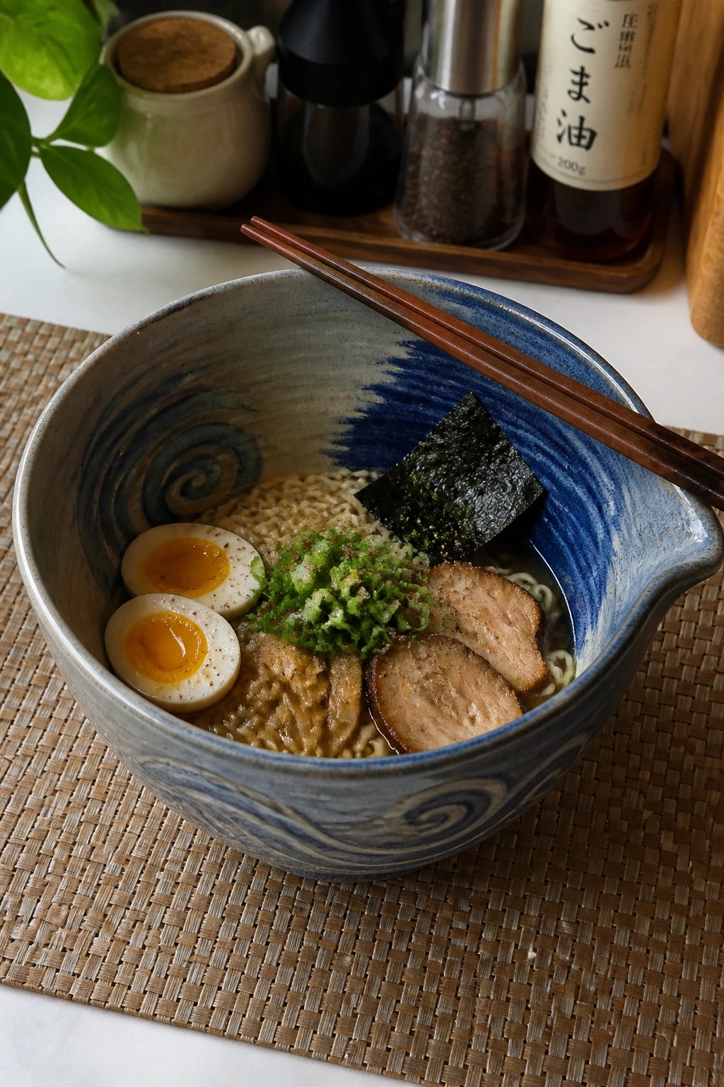 Swirled blue bowl of ramen with pork, eggs, nori, green onions, and chopsticks.