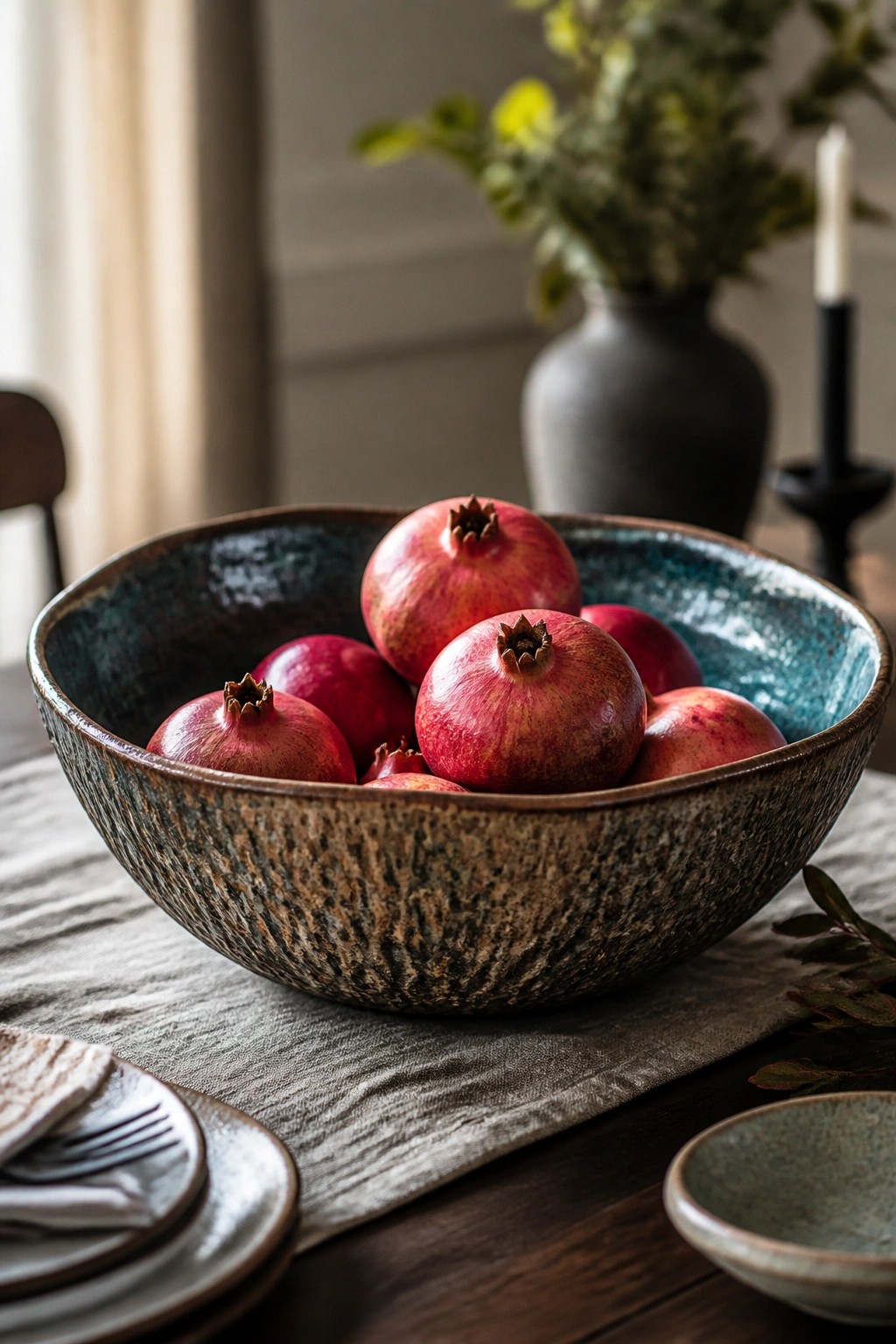 Rustic ceramic bowl brimming with red pomegranates on a linen-covered table