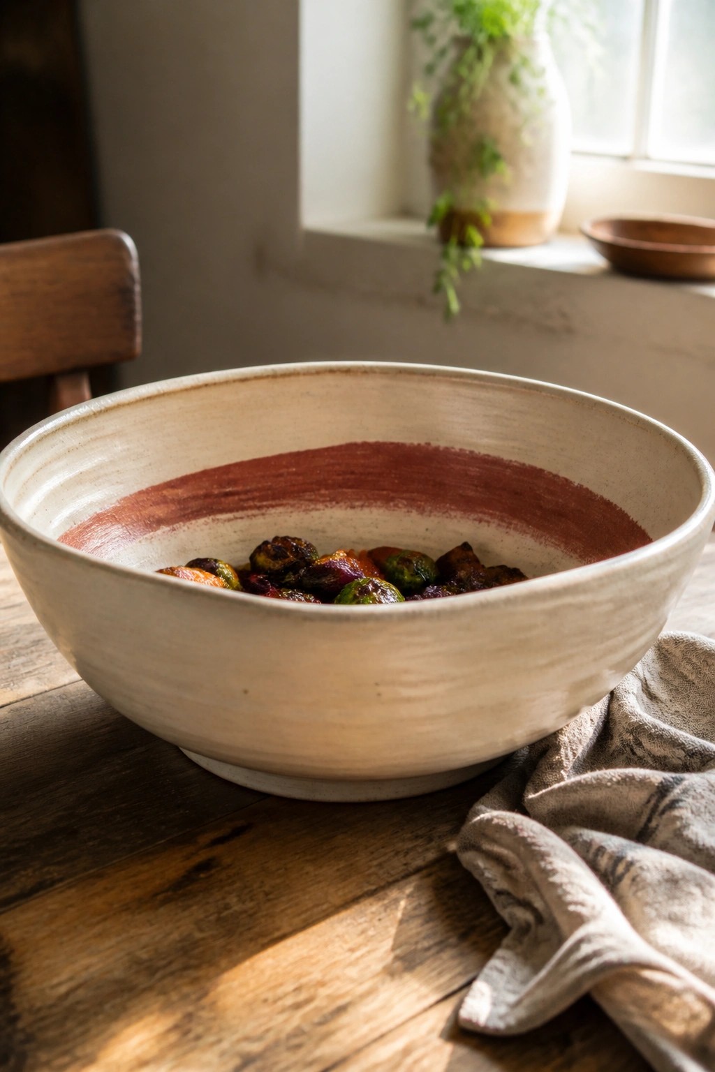 Cream ceramic bowl of roasted Brussels sprouts on wooden table with linen cloth.