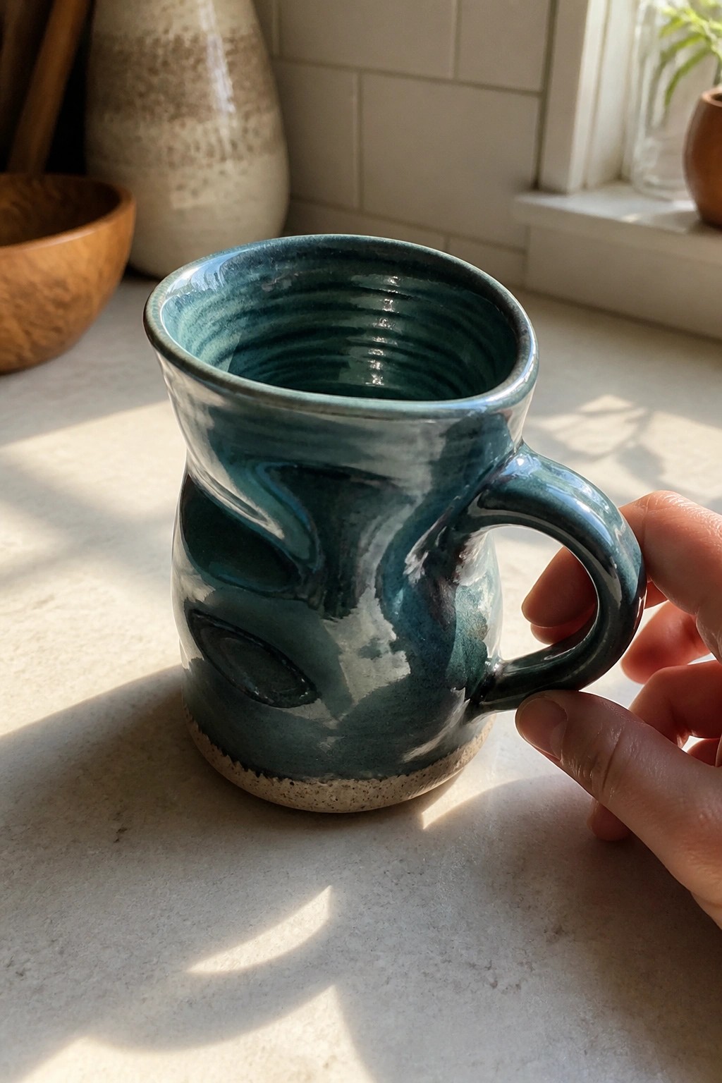 Hand holding a glossy teal ceramic mug with face design on sunny counter