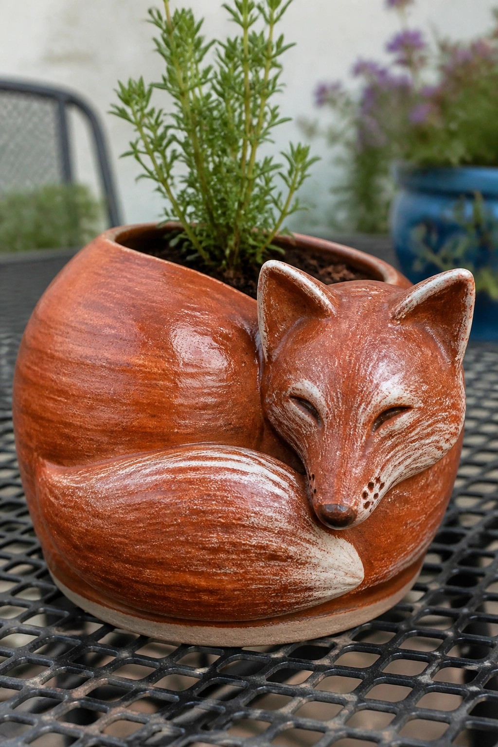 Sleeping fox ceramic planter in reddish-brown holding a green plant