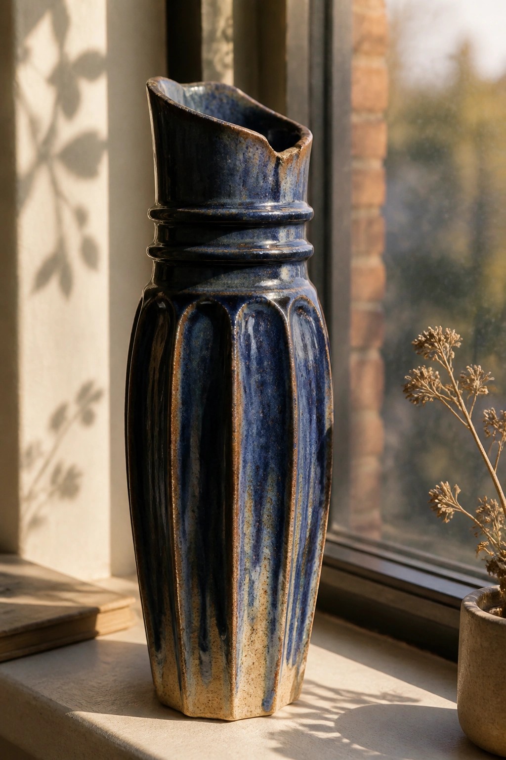 Blue ceramic vase with dripping glaze on sunlit windowsill beside dried flowers