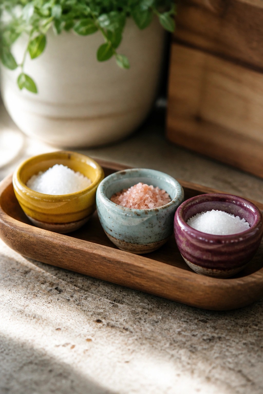 Three colorful ceramic bowls of salt on a wooden tray with plant nearby