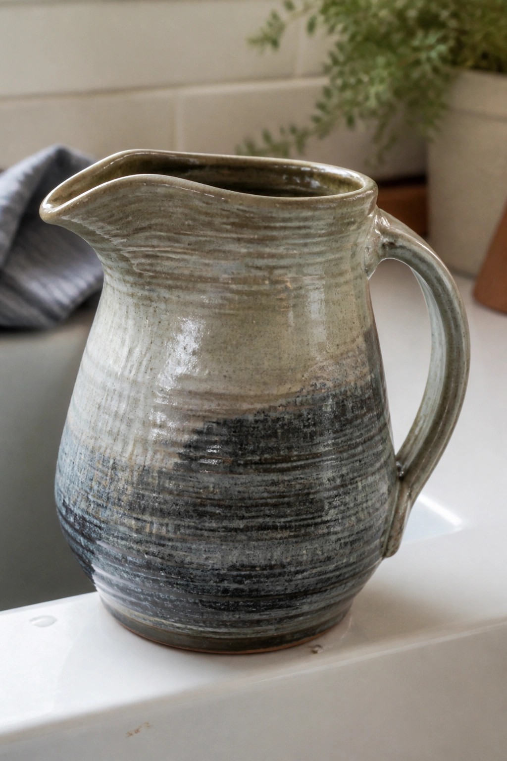 Ceramic pitcher with streaky gray-beige glaze on white countertop near plant