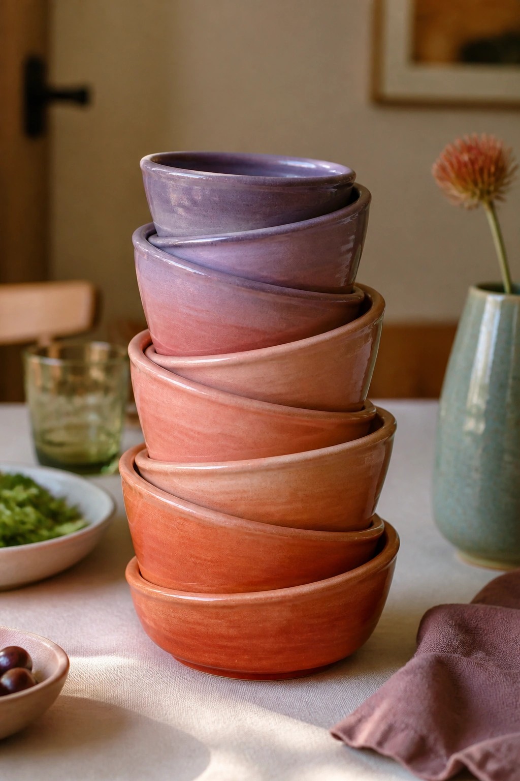 Stacked ceramic bowls in purple-to-orange ombre on a sunlit table setting.
