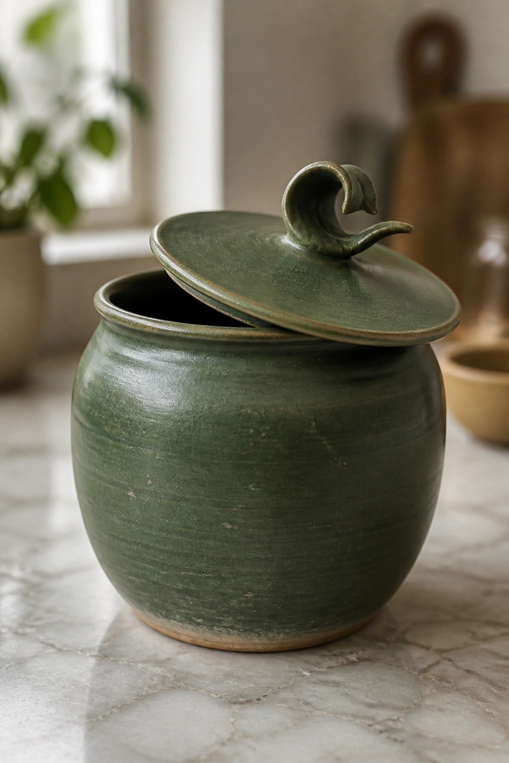 Green ceramic pot with swirled lid handle slightly ajar on marble counter