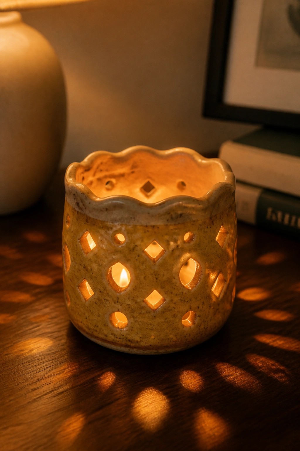 Yellow ceramic lantern with cutout patterns glowing on wooden table