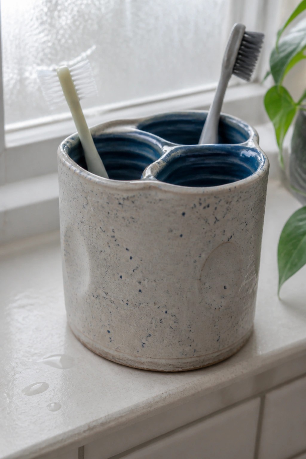 Speckled ceramic toothbrush holder with two brushes on white windowsill beside plant