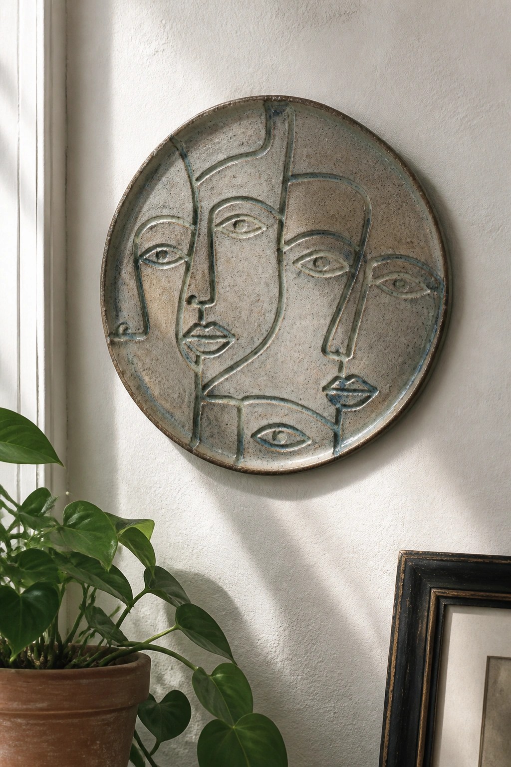 Round ceramic plaque with abstract faces beside potted green plant on light wall