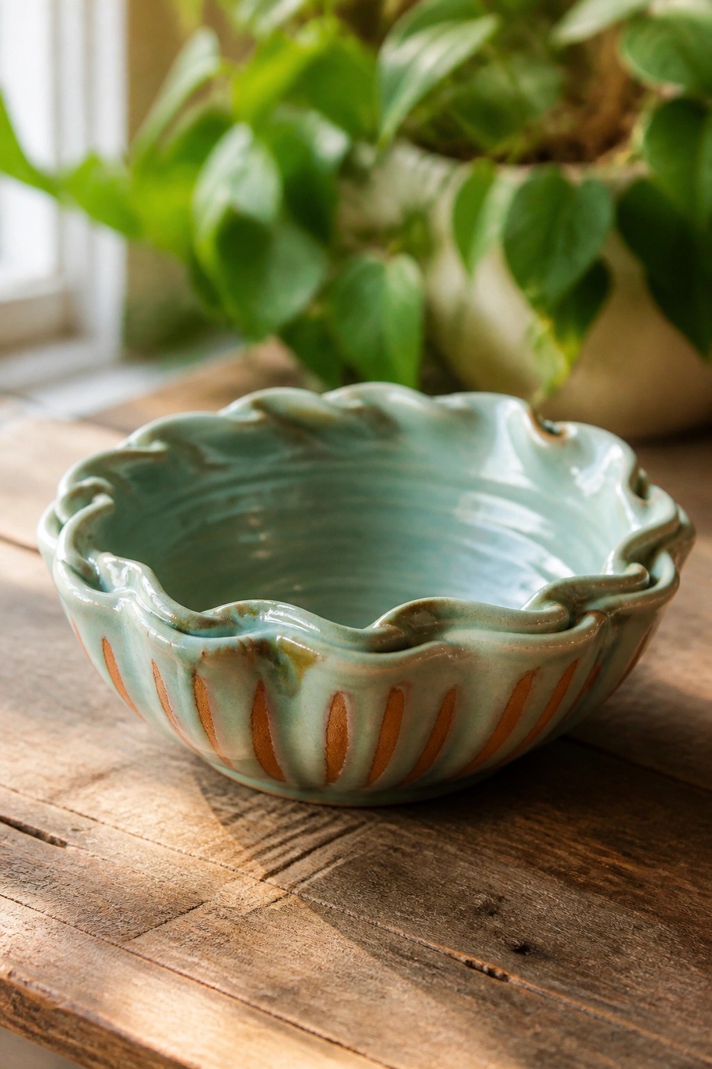 Turquoise ceramic bowl with scalloped rim and orange stripes on wooden table