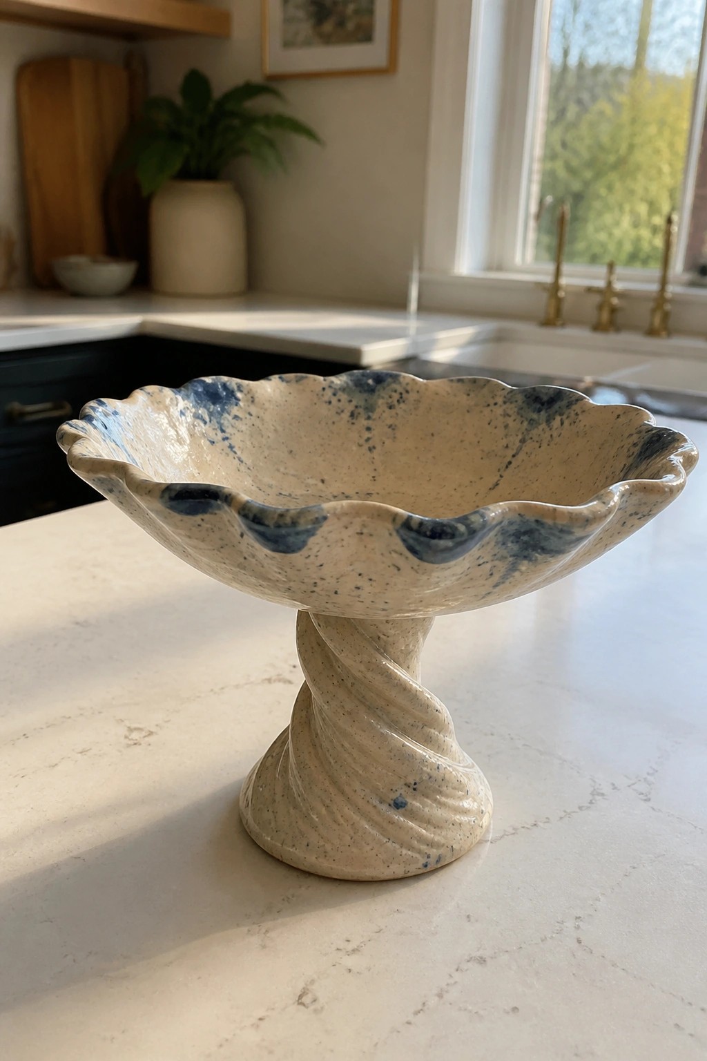 Speckled cream and blue ceramic bowl on twisted pedestal atop marble kitchen counter.