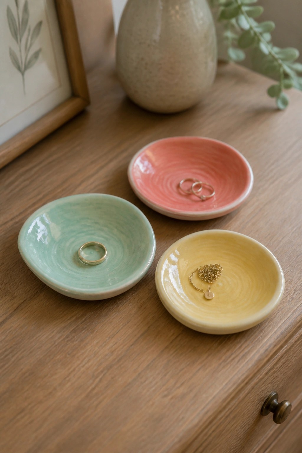 Pastel ceramic bowls holding gold rings and necklace on wooden dresser