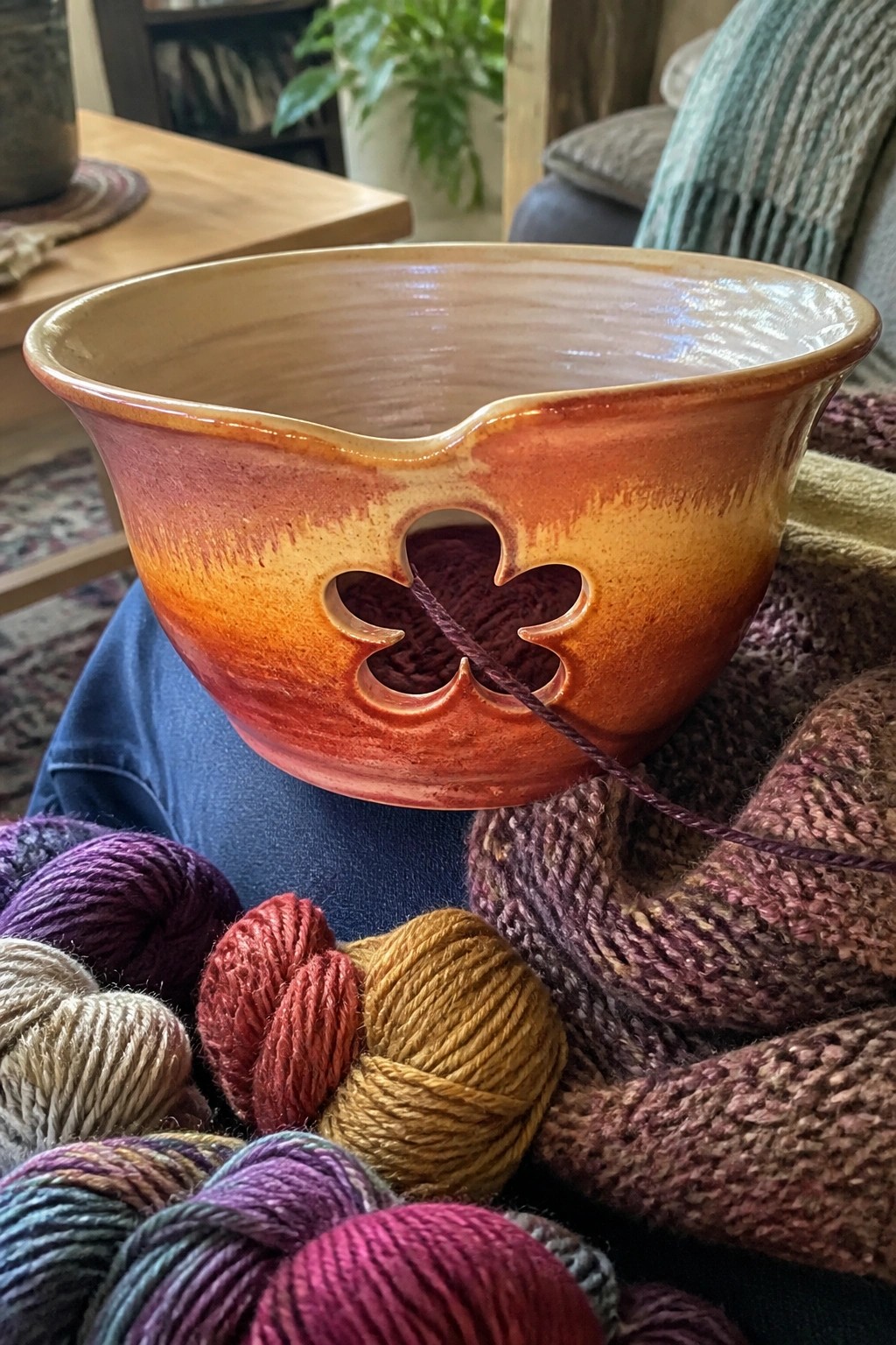 Gradient orange ceramic yarn bowl with flower cutout amid colorful skeins on lap