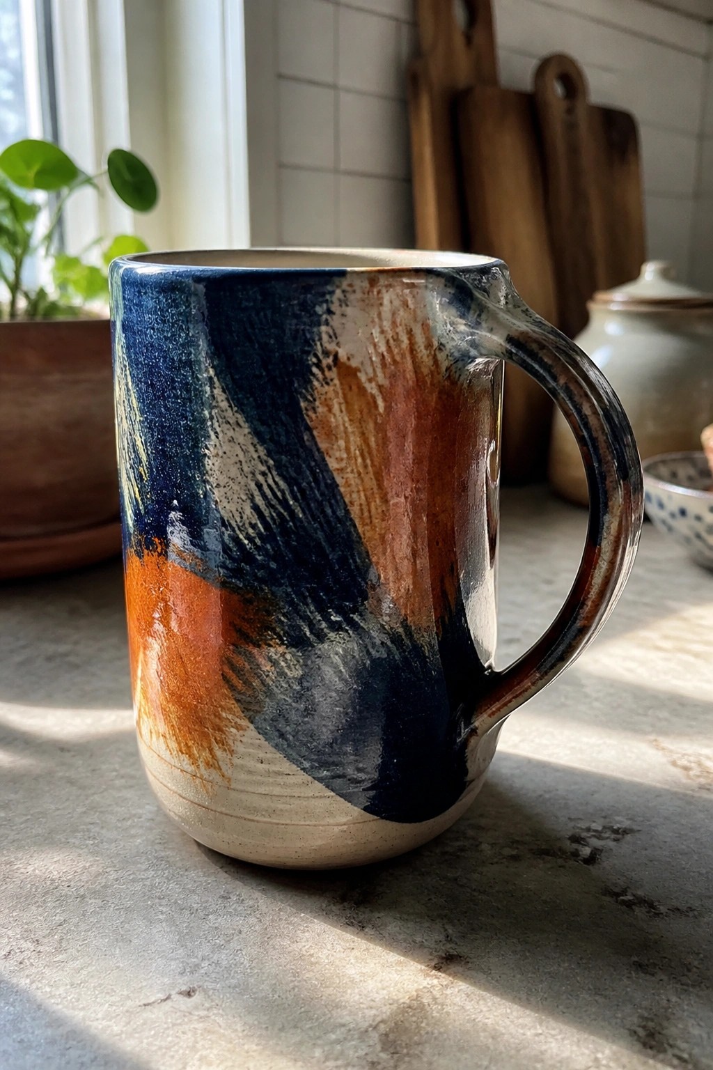Colorful abstract-glazed ceramic mug with handle on sunlit kitchen counter