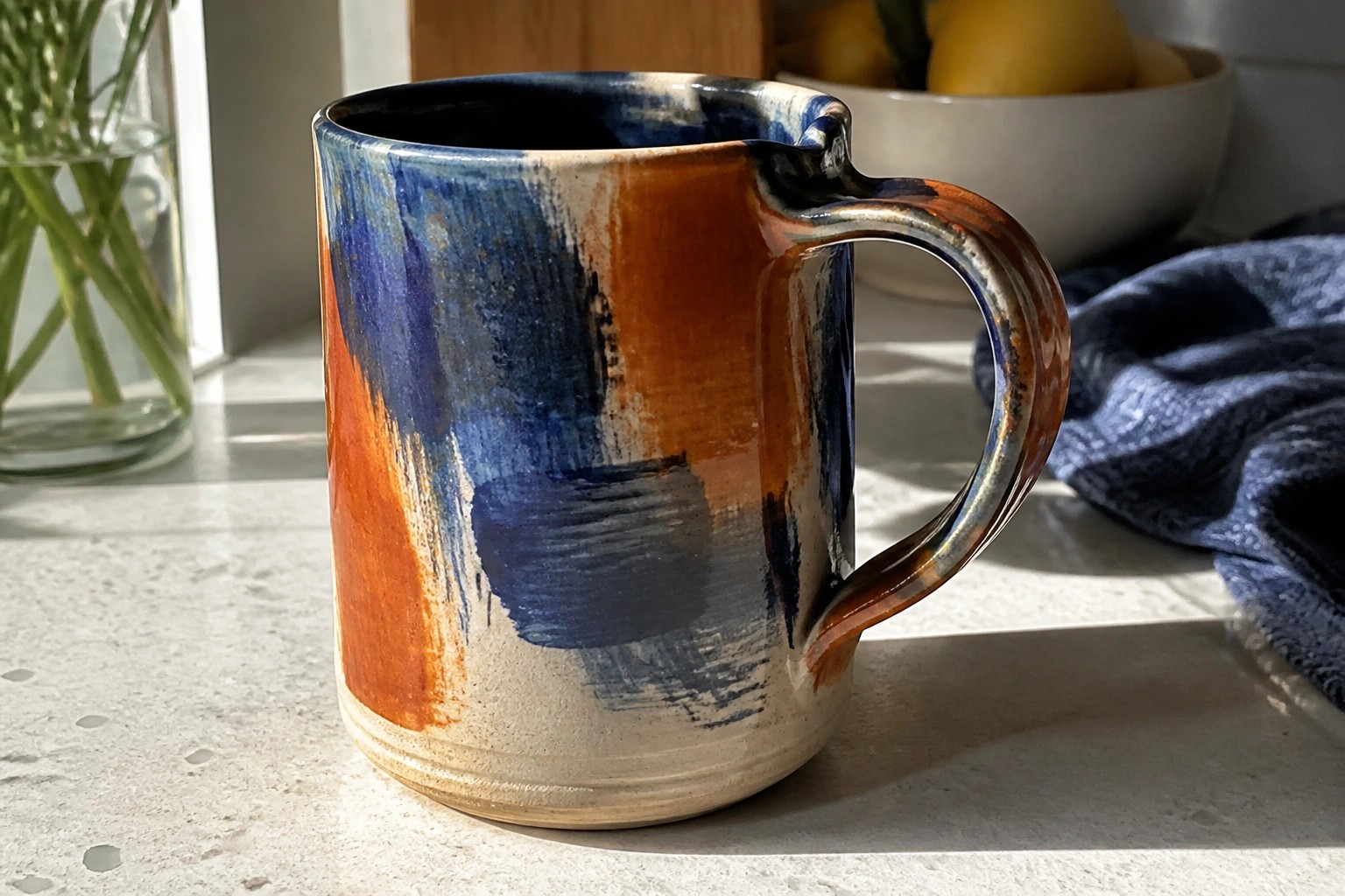 Colorful abstract-glazed ceramic mug with handle on sunlit kitchen counter