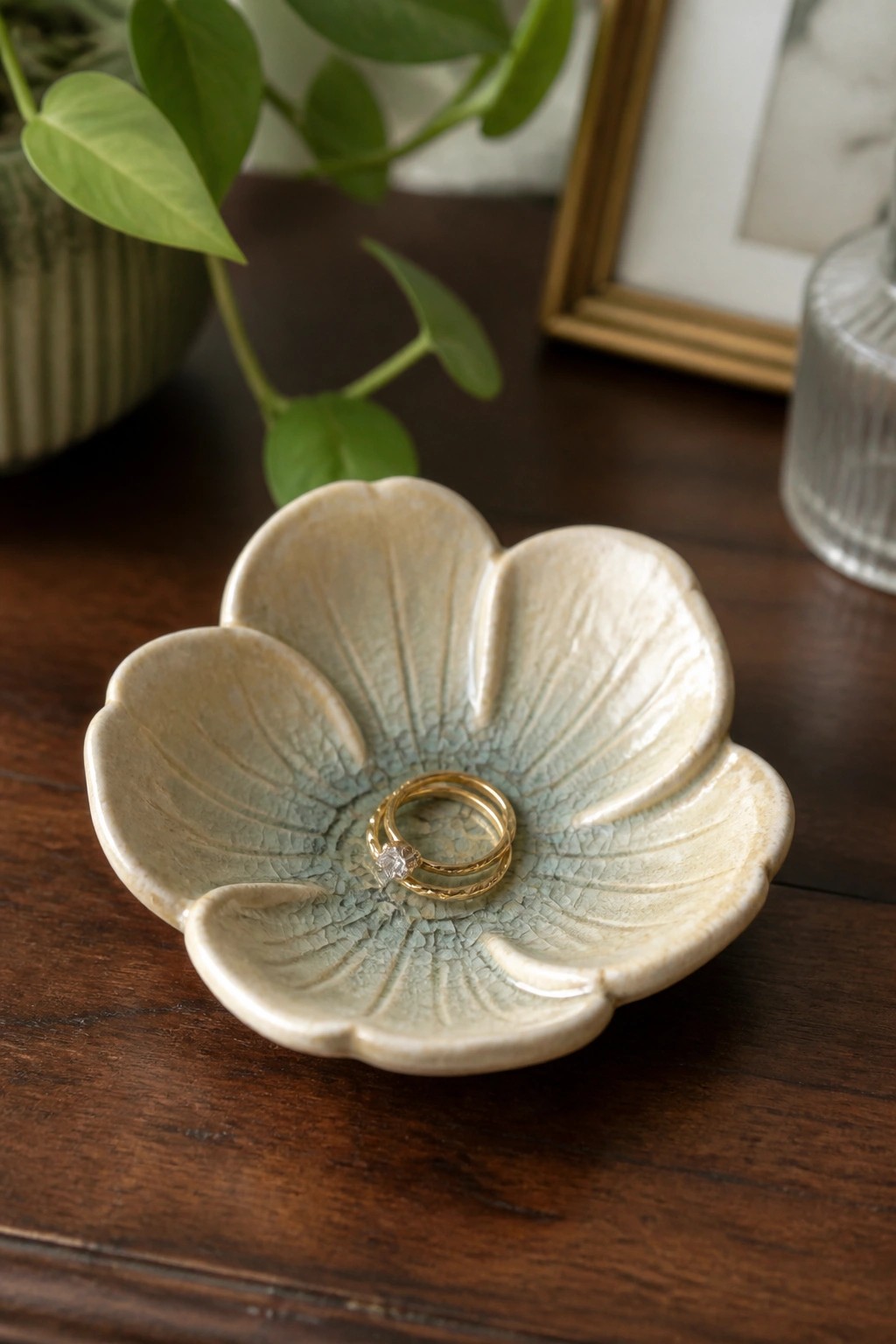 A small ceramic flower-shaped dish with a crackled glaze holds two gold rings on a dark wooden table.