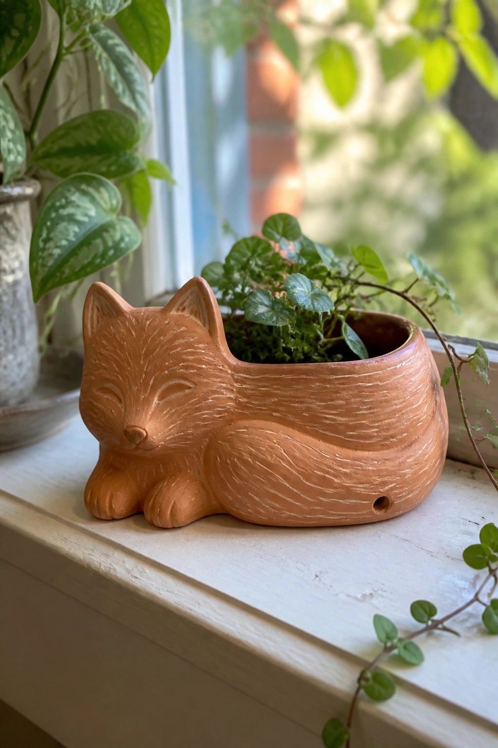 Terracotta fox-shaped planter with green plant on white windowsill.