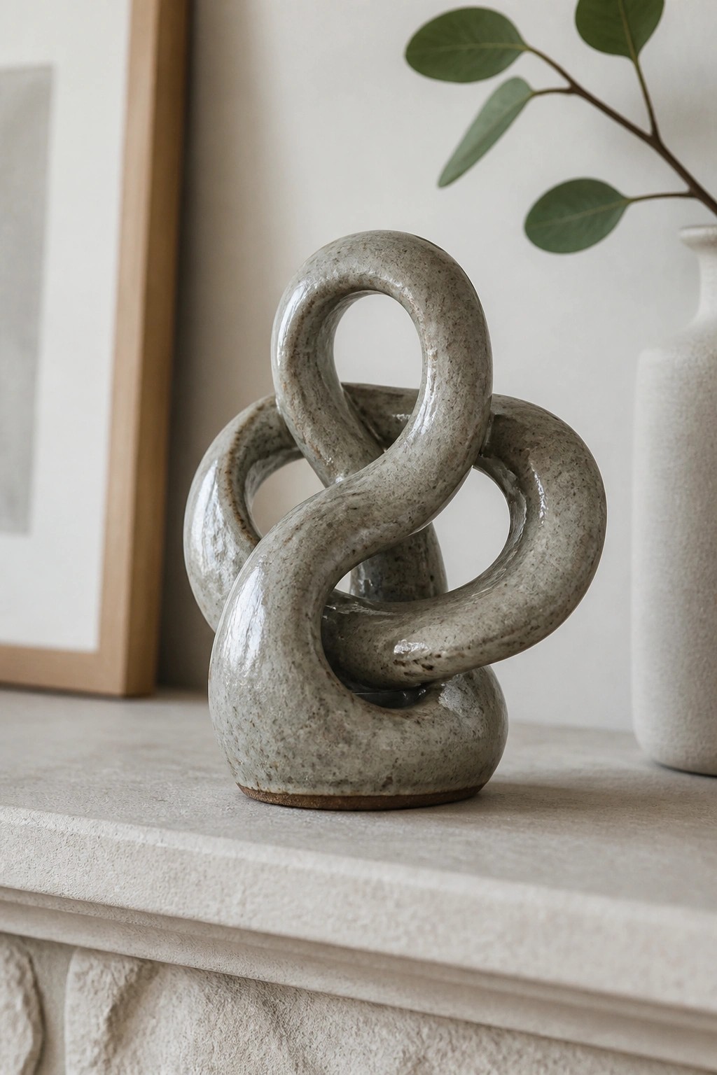 Speckled gray ceramic sculpture of intertwined loops on a stone mantel.