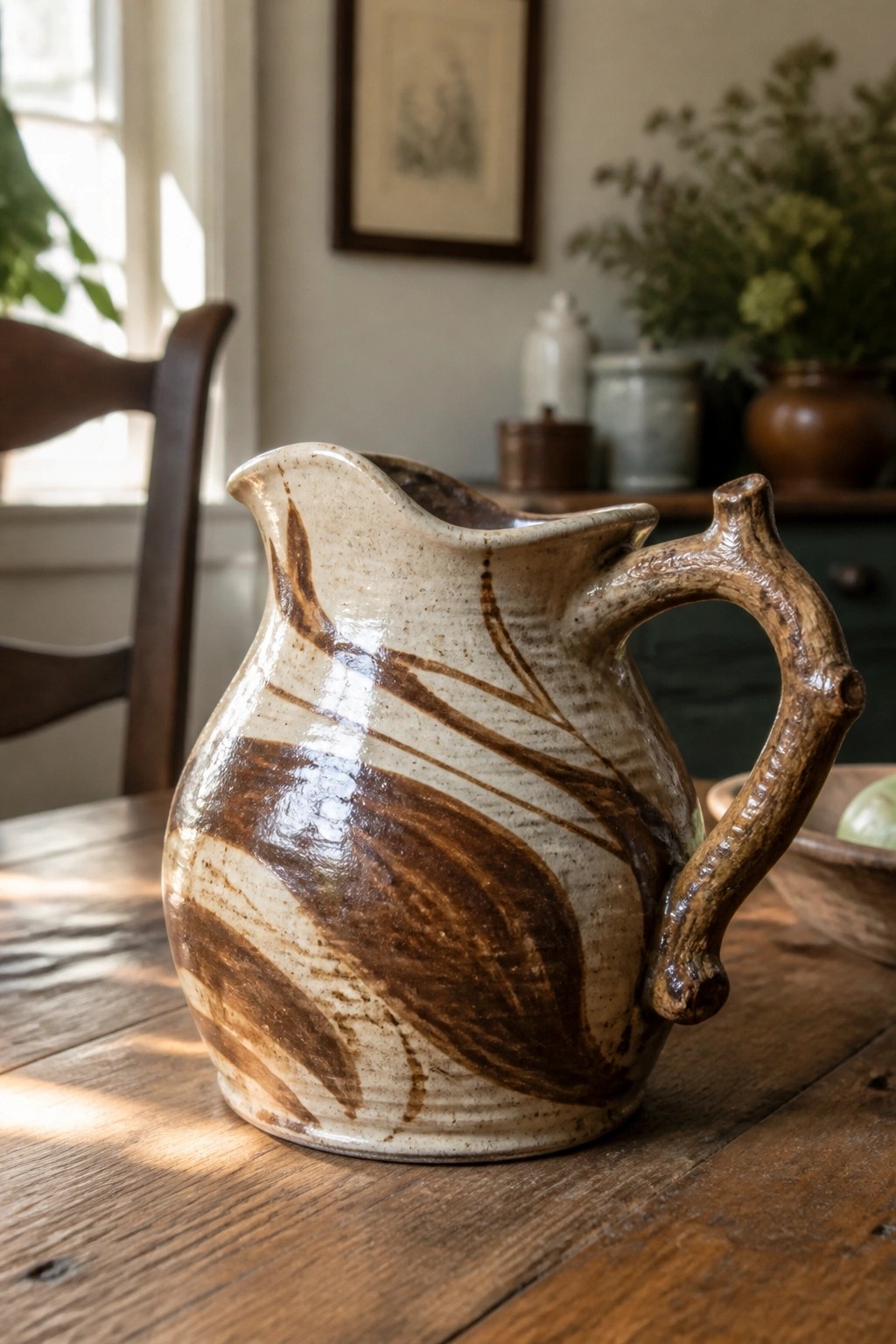Marbled brown and cream ceramic pitcher with branch-like handle on wooden table