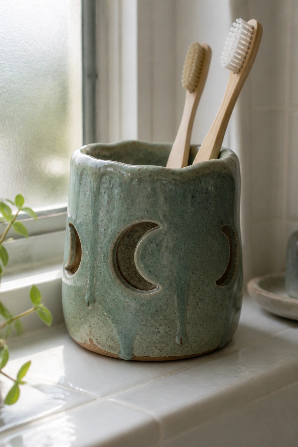 Mint green ceramic holder with moon cutouts holding two bamboo toothbrushes on windowsill.
