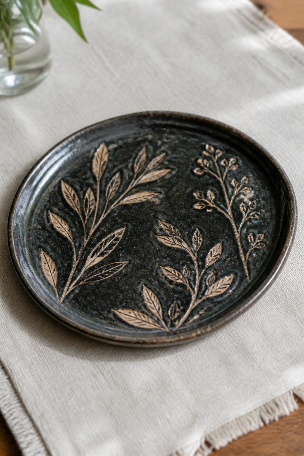 Dark ceramic plate with embossed leaf patterns on beige linen cloth