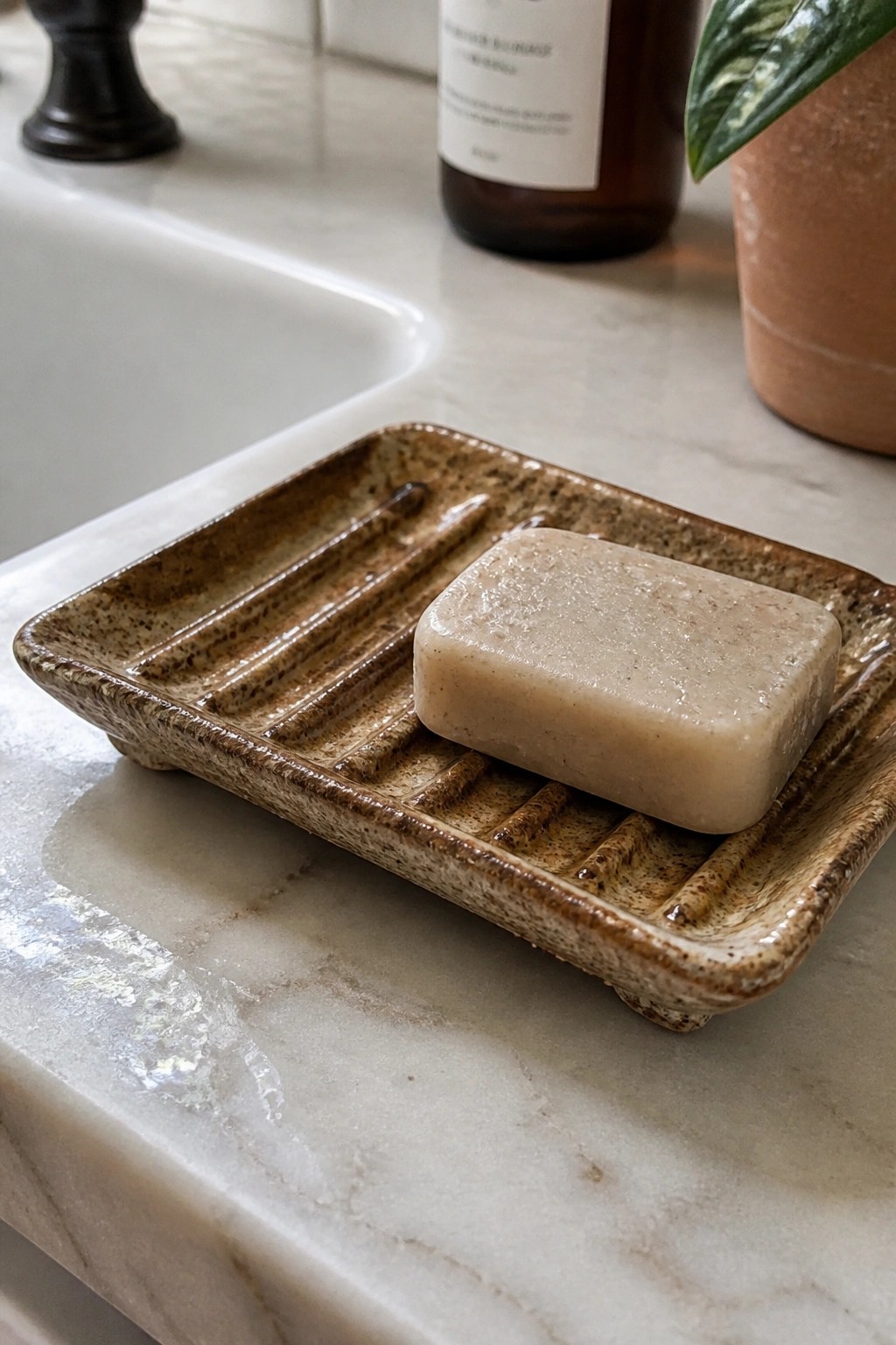 Beige soap bar on ridged brown ceramic dish atop white marble counter