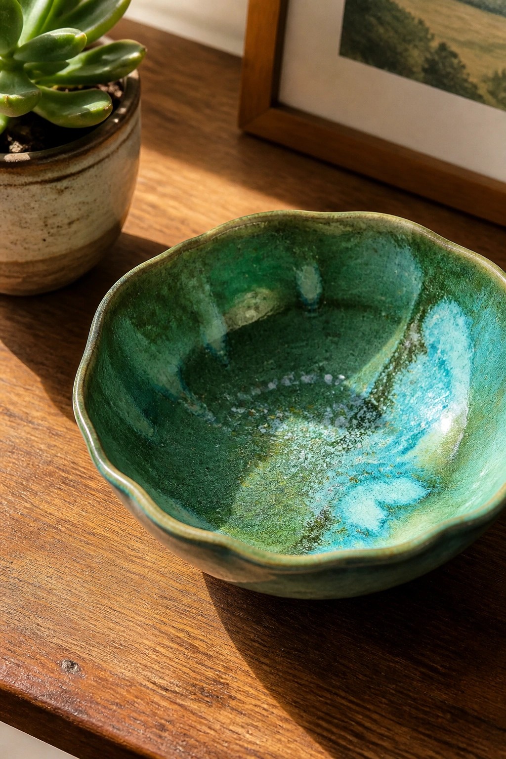 Green and blue glazed ceramic bowl on wooden table beside potted succulent