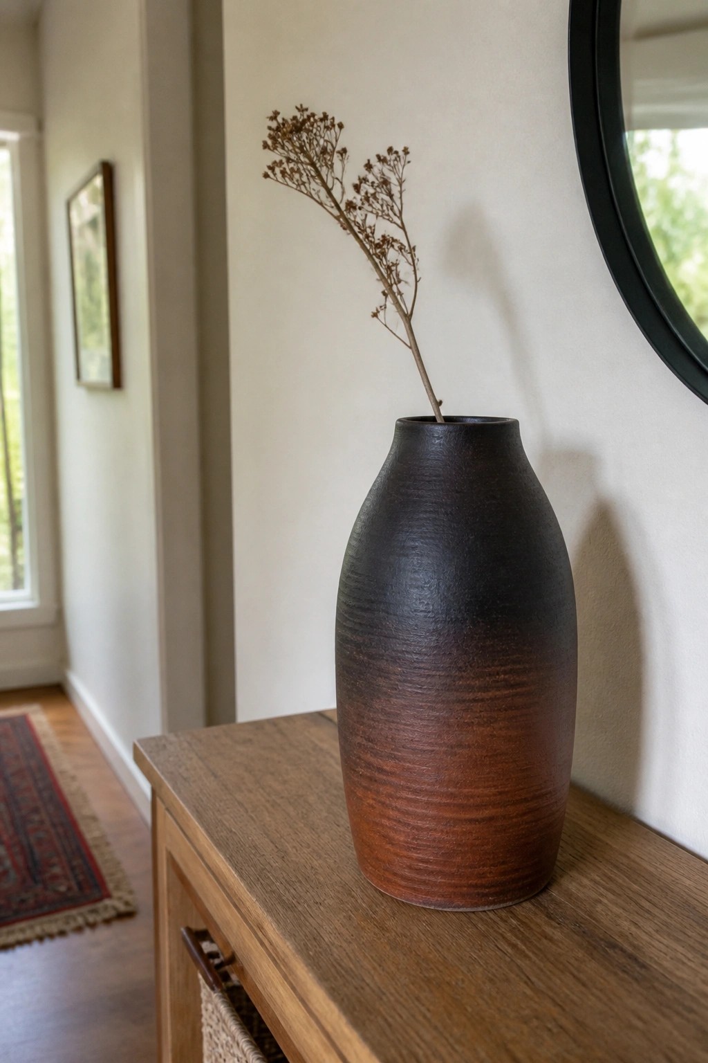 Dark brown ceramic vase with dried branch on wooden table near round mirror