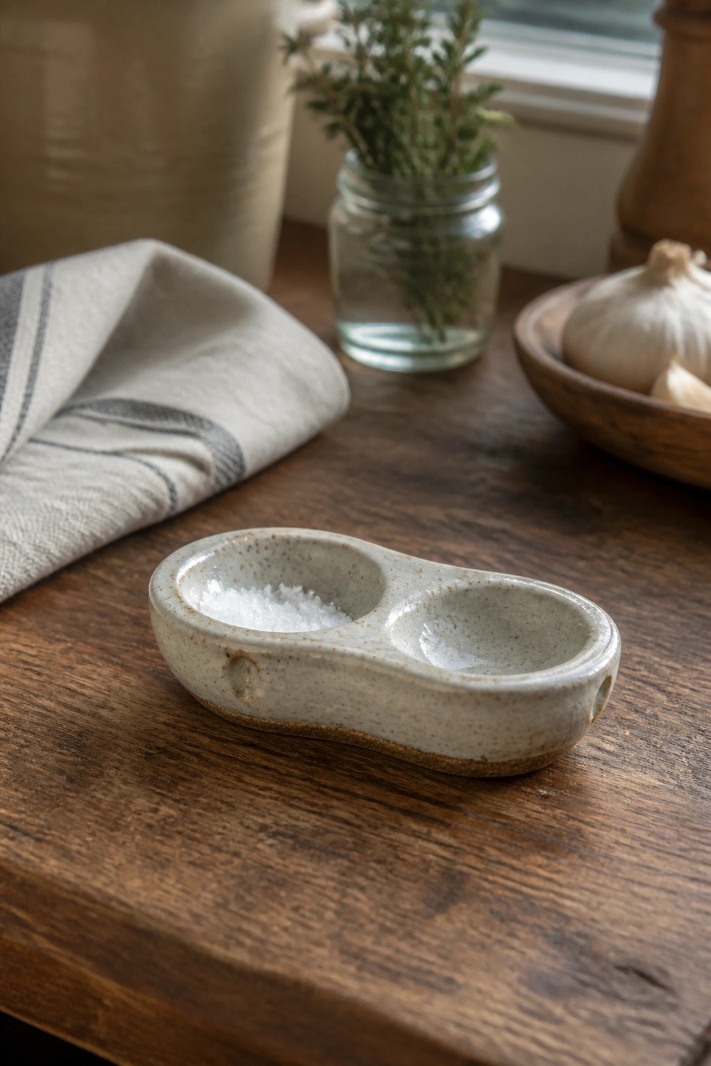 Ceramic double dish with salt on rustic wooden table near garlic and herbs