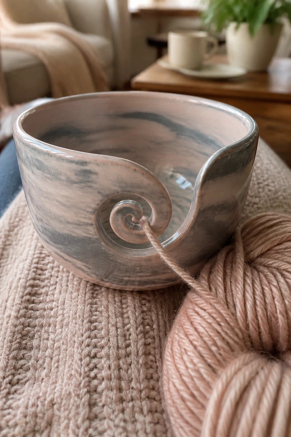 Marbled pink-gray ceramic yarn bowl with pink yarn on chunky knit fabric