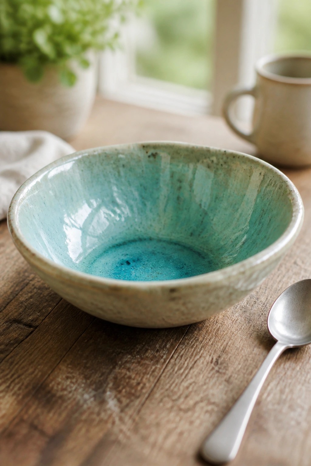 Turquoise speckled ceramic bowl beside spoon on rustic wooden table
