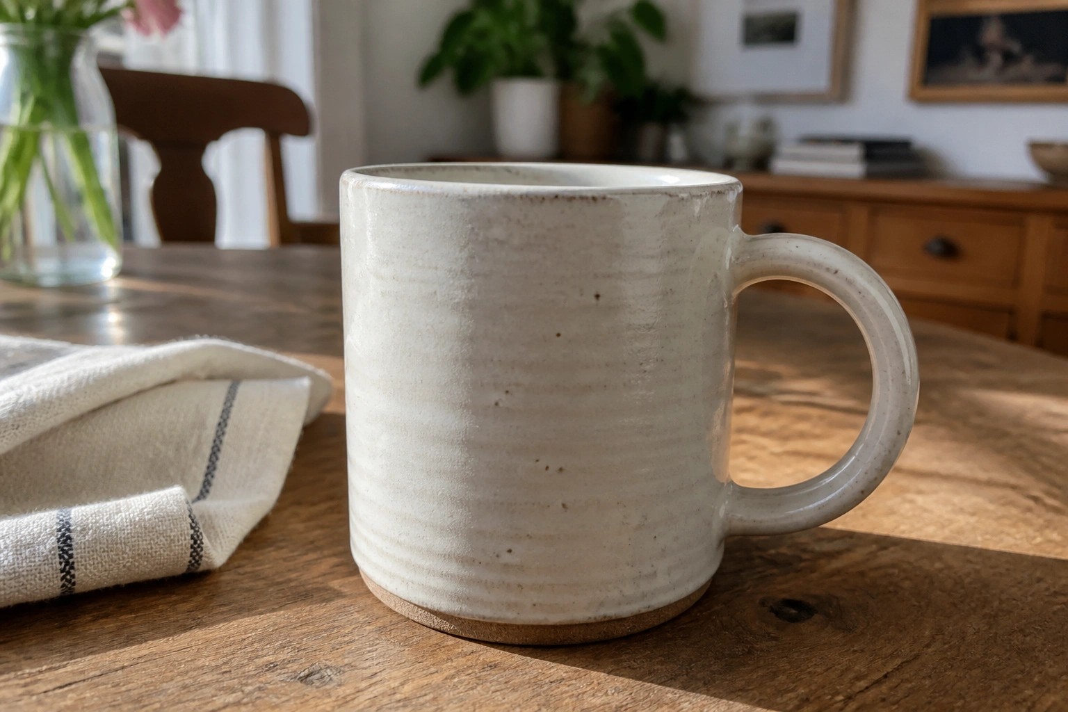 Handmade speckled ceramic mug on sunlit wooden table with plant behind