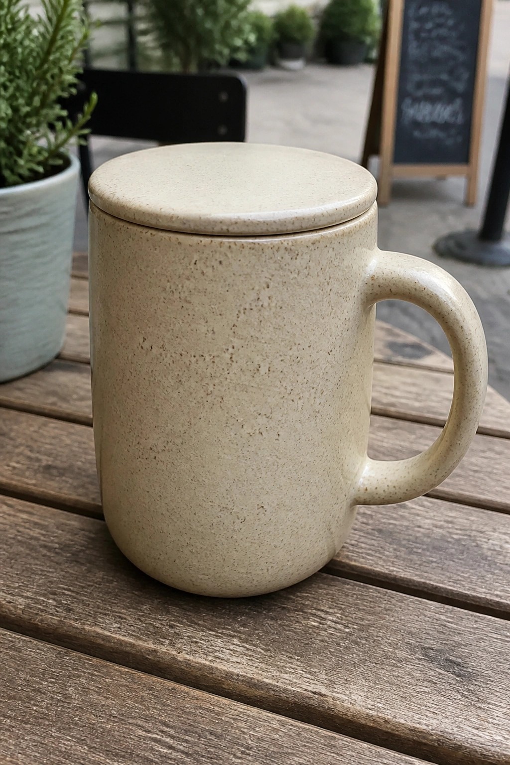 Beige speckled ceramic mug with lid on wooden outdoor cafe table