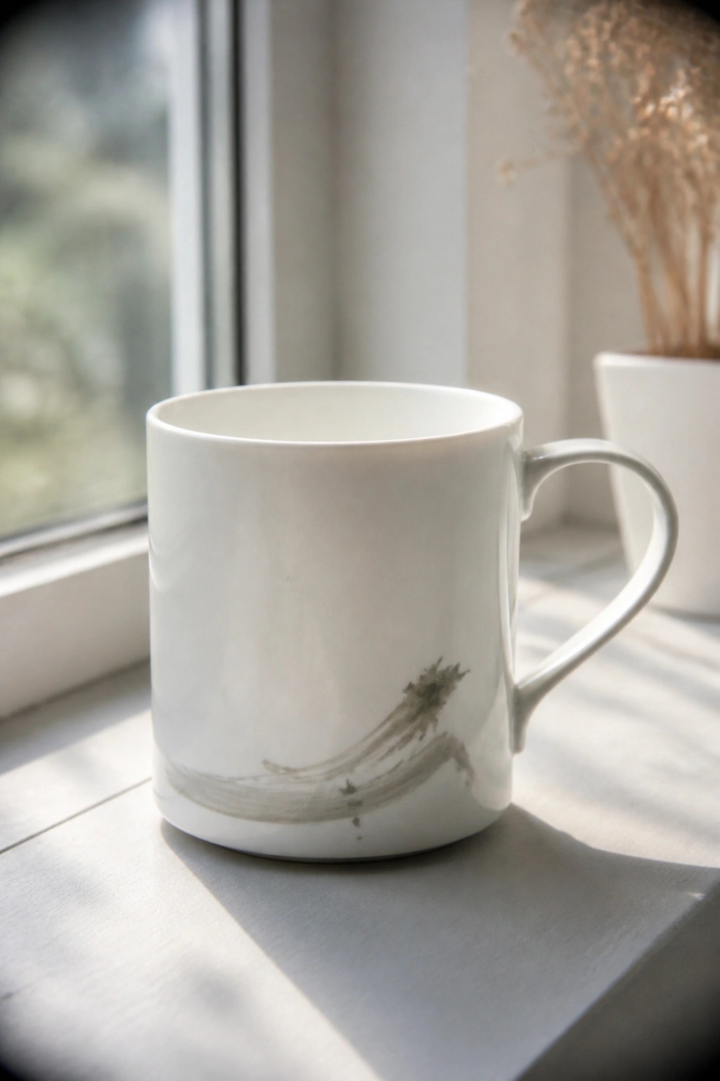 White ceramic mug with gray brushstroke on sunlit windowsill beside dried plants